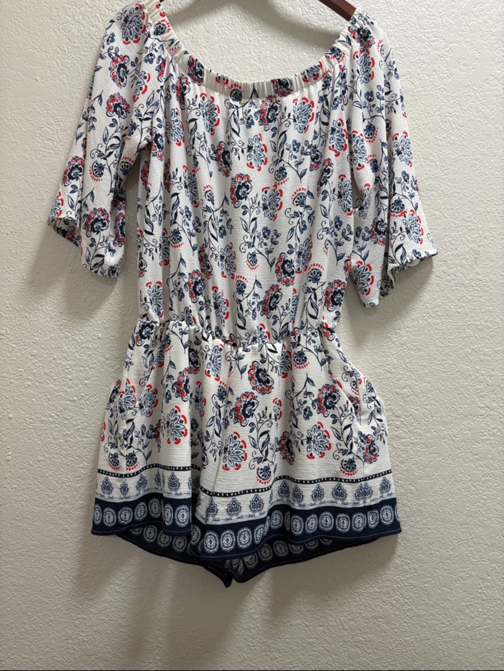 White Floral Off-Shoulder Romper with Navy Trim